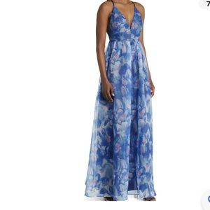 Lulu’s woman’s bloom wildly blue floral print organza maxi dress